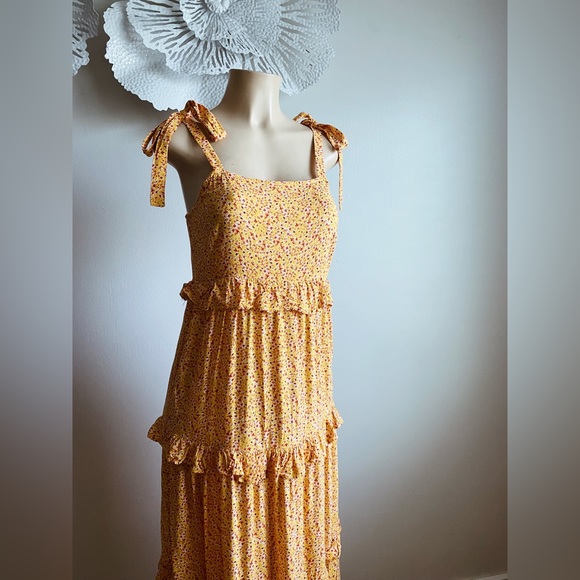 Ivy Street Floral Ditsy Print Yellow Tiered Maxi Dress Bow Tie Square Neck Flowy - Picture 7 of 11